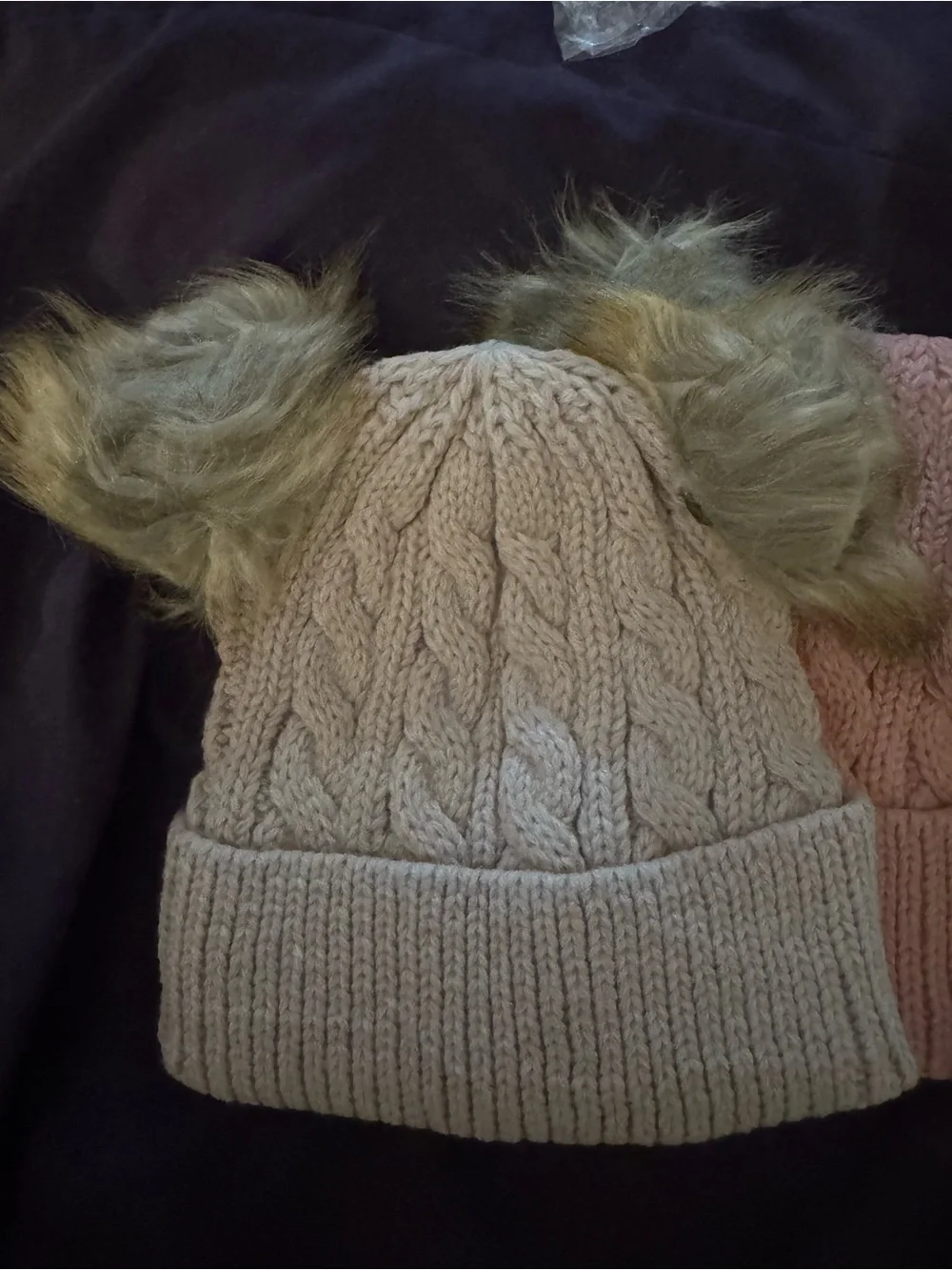 Baby Winter Hats In Cream, Pink & Tan With Double Pom Poms